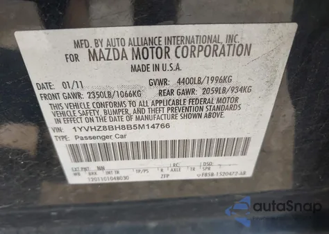 2011 Mazda Mazda6 I Sport из США, поврежденный, VIN 1YVHZ8BH8B5M14766